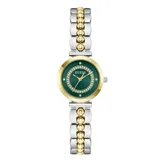 Reloj analógico Guess modelo Leena con caja de 27 mm en tono dorado y esfera verde decorada con cristales. Presenta una malla de acero inoxidable bicolor en tonos plateado y dorado.