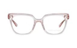 Armazón para lentes Demenego 114/51 col PK, de acetato color rosa cristal, con forma cuadrada y detalles florales en el interior de las patillas.