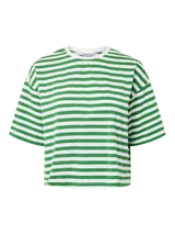 Remera de manga corta con diseño boxy, con estampado de rayas horizontales en color celeste y blanco.