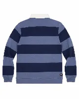 Polo de manga larga con diseño de rayas horizontales anchas en color marrón y crema. Presenta cuello camisero blanco con cartera de botones y estampado frontal con texto y logo de la marca Mistral.