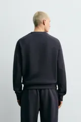 Sudadera de corte relajado confeccionada en algodón compacto con interior de rizo. Presenta cuello redondo, mangas largas tipo raglán y terminaciones en rib.