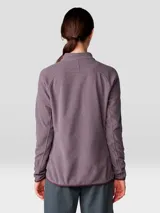 Campera polar de Mountain Hardwear, modelo Microchill Full Zip, de color bordó melange. Cuenta con cuello alto, cierre frontal completo, bolsillos laterales con cierre y mangas raglán. Presenta un pequeño parche con el logo de la marca en el pecho.
