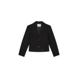 Blazer de paño color gris oscuro con solapa clásica, cierre frontal de dos botones y bolsillos laterales de ojal.