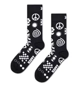 Pack de dos pares de medias Happy Socks con diseño de bebida energizante. Un par es verde con símbolos de la paz y el otro es negro con diseños geométricos y la inscripción "Happy".