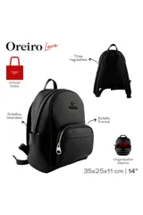 Mochila negra de cuero sintético con tiras regulables, bolsillos laterales, bolsillo frontal con cierre y organizador interno.