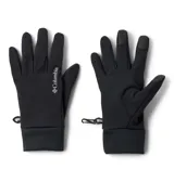 Guantes deportivos negros Columbia con tecnología Omni-Heat, palma con textura antideslizante, puntas de dedos compatibles con pantallas táctiles y hebilla de unión.