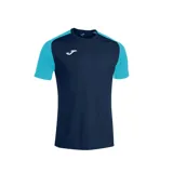 Remera deportiva Joma Academy IV para hombre, color azul marino con mangas cortas celestes y logo blanco estampado en el pecho.