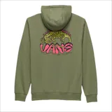 Canguro verde oliva con capucha y cordones ajustables. Estampado pequeño con el logo de Vans en color rosa en el pecho.
