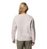 Buzo de cuello redondo color gris claro, confeccionado en mezcla de algodón, con diseño de hombros caídos, puños y dobladillo acanalados. Presenta un estampado circular frontal con la inscripción "Columbia Sportswear" en tonos claros.