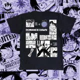 Remera negra con estampado de viñetas del manga One Piece, con el título "Romance Dawn" y el logo de la marca Indra.
