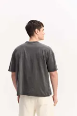 Remera de algodón marca Mistral, de corte boxy manga corta con efecto acid wash y estampas geométricas en color celeste dispuestas verticalmente sobre el frente.