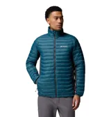 Campera técnica híbrida de Columbia, diseñada para actividades al aire libre. Presenta un cuerpo acolchado con aislamiento térmico en color azul petróleo y paneles laterales de tejido elástico en color gris oscuro para mayor movilidad. Cuenta con cierre frontal completo, cuello alto y bolsillos laterales con cierre.