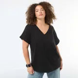 Camiseta de cuello en V con mangas cortas con dobladillo y corte holgado, confeccionada en tejido crepé.