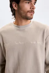 Buzo de polar color taupe con cuello redondo, puños y ruedo acanalados. Presenta una estampa sutil en el pecho con texto decorativo.
