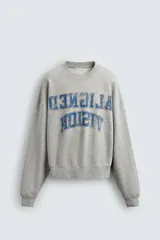 Sudadera gris de corte boxy fit, con cuello redondo y manga larga. Presenta un estampado frontal con texto en azul con efecto desgastado y acabados en rib en puños y ruedo.