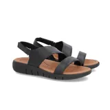 Sandalias de cuero negro con ajuste trasero y suela marrón.