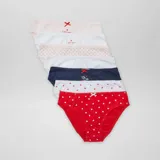 Pack de 7 braguitas de algodón en colores rosa, blanco, azul y rojo, con estampados de lunares y corazones.