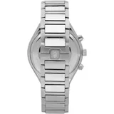 Reloj Maserati Stile para hombre, con caja redonda de acero inoxidable color plateado, esfera negra con detalles dorados y correa de acero inoxidable plateada.