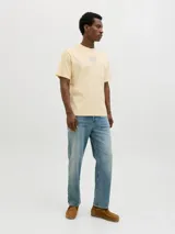 Remera color crema de algodón con cuello redondo, manga corta y estampado en la espalda con un paisaje costero.