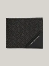 Billetera plegable pequeña Tommy Hilfiger de piel granulada, con diseño integral del monograma TH en relieve, compartimento para billetes, ranuras para tarjetas y detalle esquinero con logo de la marca.