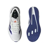 Championes de running Adidas Duramo SL 2, color blanco con detalles en azul y suela blanca.