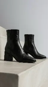 Bota de caña media en cuero negro con acabado brillante, punta fina y taco cuadrado. Presenta costura central decorativa y cierre lateral interno.