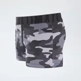 Pack de tres boxers de hombre. Uno es gris jaspeado liso, otro es negro con estampado de cruces blancas y el tercero es gris oscuro con estampado de camuflaje. Todos tienen cinturilla elástica blanca con texto negro.