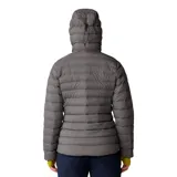 Campera acolchada con capucha de la marca Mountain Hardwear, modelo Deloro Down. Presenta un diseño técnico con cierre frontal completo, bolsillos laterales con cremallera y puños con terminación elástica en color contrastante.