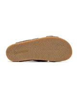 Sandalias marrones Hush Puppies modelo Merritt Cross Slide, con tiras cruzadas que combinan cuero y tejido elástico, y suela de goma estriada.