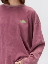 Remera oversize de manga larga color naranja con efecto gastado, cuello redondo y gráfico estampado en la espalda.