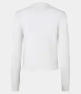 Cardigan corto blanco de punto, con cuello en V, manga larga y cierre frontal con botones.