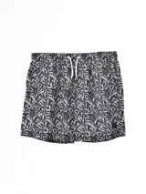 Short de baño negro con estampado de hojas blancas y cordón ajustable en la cintura.