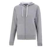 Campera con capucha y cierre frontal, confeccionada en tejido de punto gris melange. Presenta bolsillos tipo canguro, puños y ruedo acanalados, y cordones ajustables en la capucha.