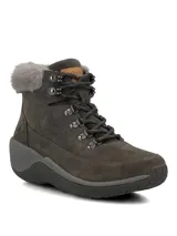 Botines de gamuza color gris oscuro con cuello de piel sintética, cierre mediante cordones y suela ergonómica con tecnología Spinal Flex.