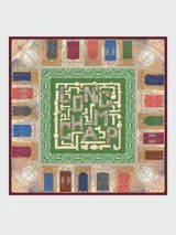 Pañuelo cuadrado de seda Longchamp, modelo Jardín Parisien 90x90 cm, con diseño estampado de puertas de edificios parisinos y laberinto floral central.