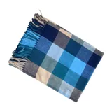 Bufanda rectangular de tejido afelpado con diseño de cuadros en tonos rosado, gris y beige. Presenta terminaciones con flecos en los extremos.
