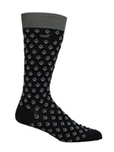 Medias largas de bambú marca RKF, color azul navy con patrón geométrico de rombos pequeños en tonos celestes y rojos, y puño elástico gris.