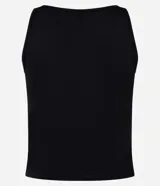 Musculosa negra sin mangas, confeccionada en microfibra, con cuello halter y espalda descubierta.