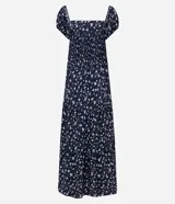 Vestido midi de viscosa con estampado floral liberty, escote recto, mangas cortas abullonadas y falda fluida con diseño escalonado.