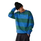 Buzo Rip Curl modelo Disorder Stripe, de diseño a rayas horizontales en tonos azul y verde, con cuello redondo y el logotipo de la marca bordado en el pecho.