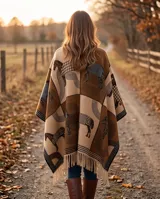 Poncho abierto en tonos marrón, beige y tostado, con diseño estampado de caballos y flecos en el ruedo.