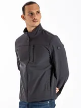 Campera gris de corte clásico, con cuello alto, cierre frontal con cremallera, bolsillo vertical con cremallera en el pecho y logo de Calvin Klein bordado en el cuello.