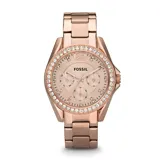 Reloj de pulsera Fossil con caja y malla de acero inoxidable en tono oro rosa. Presenta un bisel decorado con cristales, esfera a tono con subesferas multifunción y marcadores de hora con cristales.