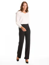 Pantalón de vestir color tostado, de corte wide leg y tiro alto, con pretina elástica ancha y diseño sin cierres.