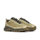 Championes de senderismo Merrell modelo Tempo Exp, color beige con detalles en verde oliva. Presentan una construcción en malla transpirable y refuerzos sintéticos, con entresuela de espuma EVA para mayor estabilidad y suela de goma con tacos para tracción.