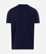 Remera de algodón color azul marino, con cuello redondo, mangas cortas y estampa frontal pequeña con ilustración de montaña y texto No Pressure.