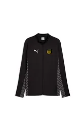 Campera deportiva Puma de hombre, modelo oficial del Club Atlético Peñarol para la Liga 2026. Es de color negro con cierre frontal completo, cuello alto y detalles geométricos grises en los laterales y mangas. Cuenta con el logo de Puma en el pecho derecho y el escudo del club en el izquierdo.