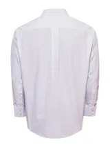 Camisa de manga larga de algodón para hombre, modelo Wf Pc de RKF. Diseño a rayas finas en tonos beige y celeste sobre fondo blanco, con cuello italiano, cierre frontal de botones, bolsillo en el pecho con logo bordado y calce regular.
