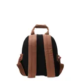 Mochila pequeña de tela color beige con detalles en rosa y amarillo. Tiene un bolsillo frontal acolchado con cierre y un parche con la inscripción "paix amour bonheur".