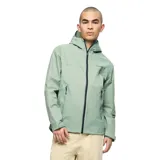Chaqueta impermeable Merrell modelo Fallon, color verde claro, con capucha ajustable, cierre frontal completo y bolsillos laterales con cierre. Cuenta con puños ajustables con velcro y tecnología resistente al agua y al viento.